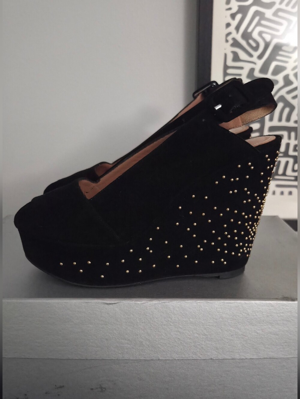 Robert Clergerie Suede Platform Wedge With Gold Details Size 36.5